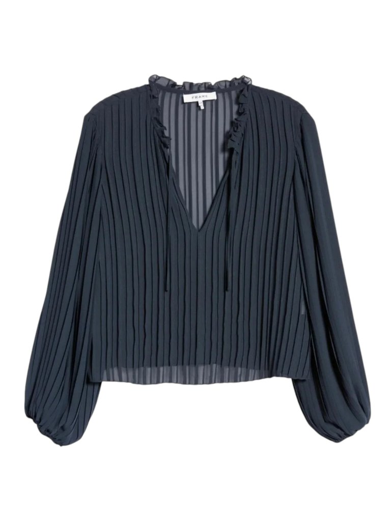 Frame Pleated Tie Front Blouse Navy Blue Silk Blend Xs